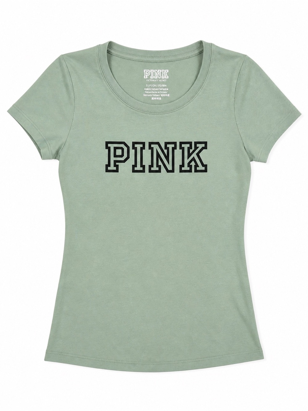PINK Victoria’s Secret Sage Green Logo Tee Small Fitted Y2K Baby Tee